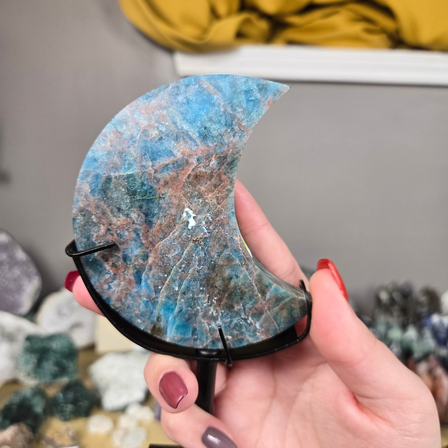 Discounted Blue Apatite Moon carving with stand