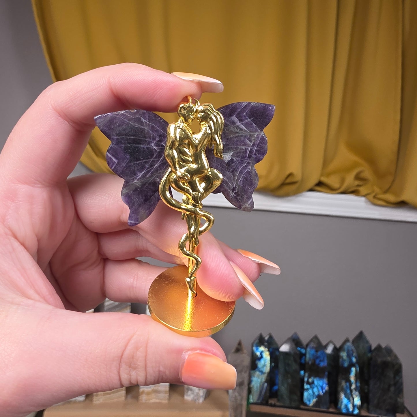 Chevron Amethyst wings on gold stand