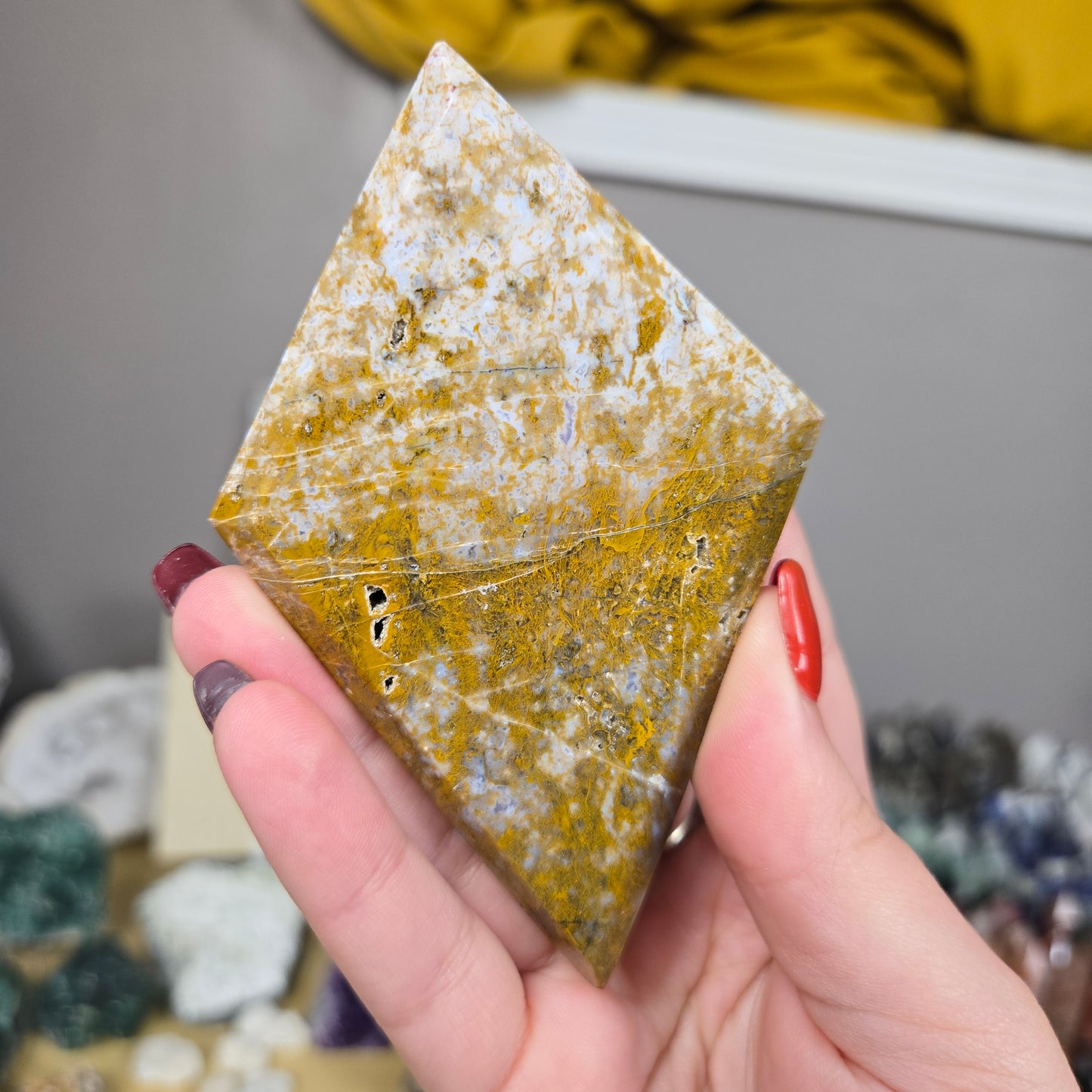 Scenic Moss Agate diamond carving with stand