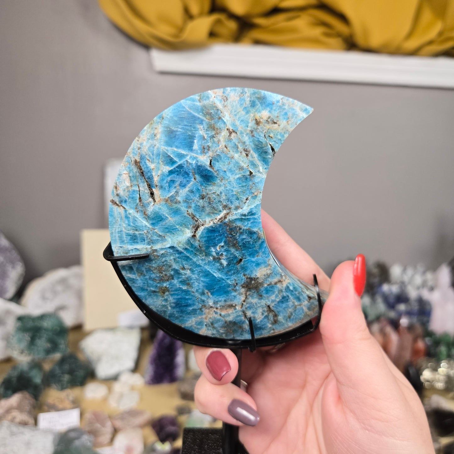 Blue Apatite Moon carving with stand