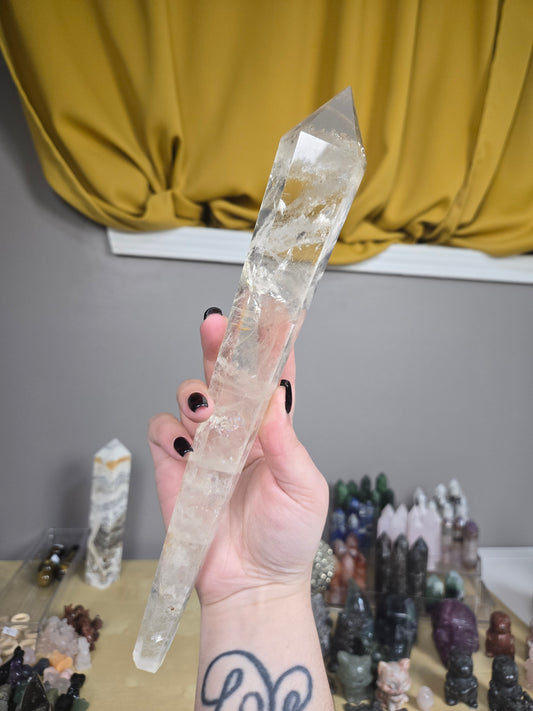 Clear Quartz with Golden Healer wand with stand