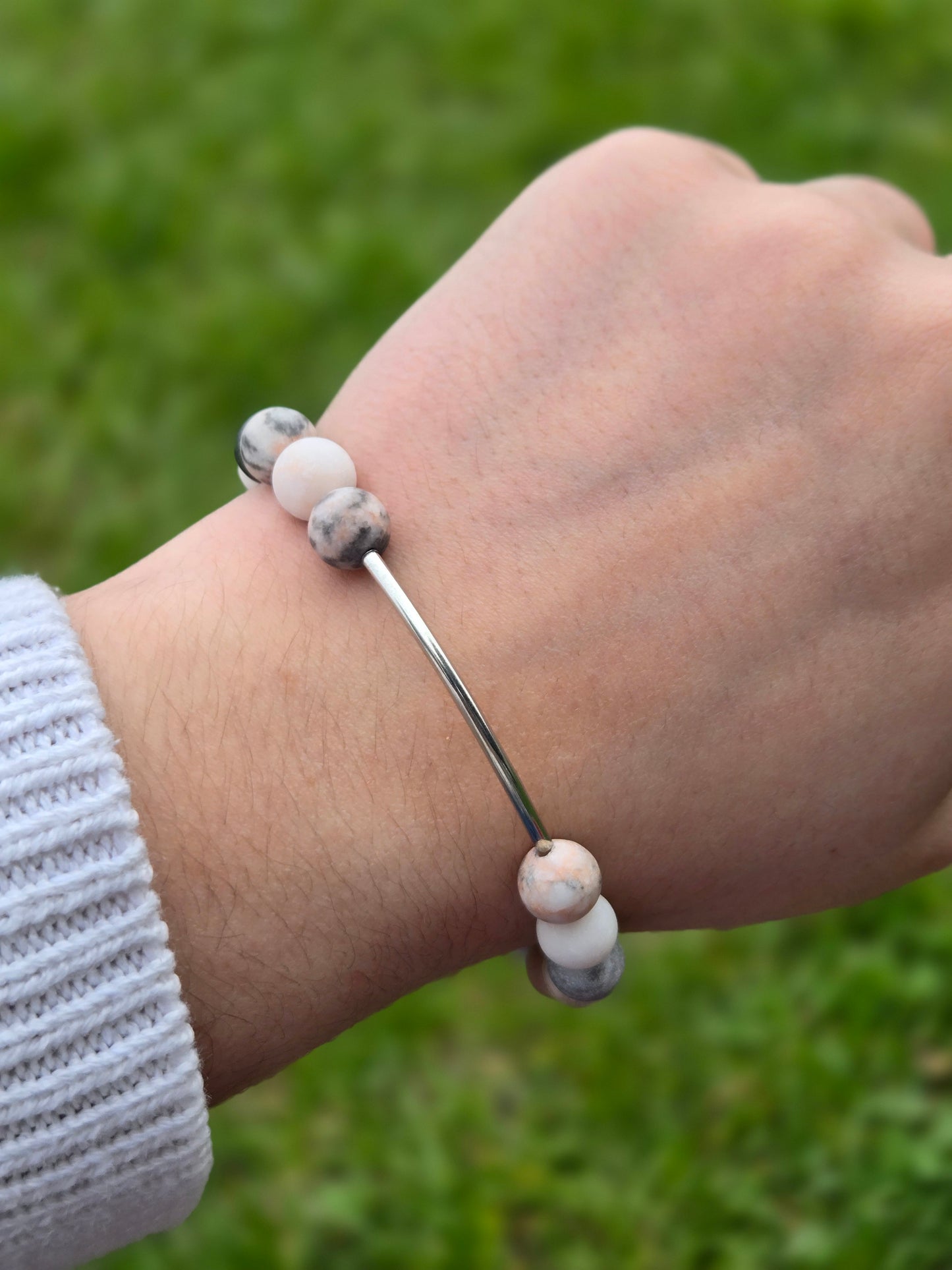 Pink Zebra Jasper bracelet 8 mm with silver rod