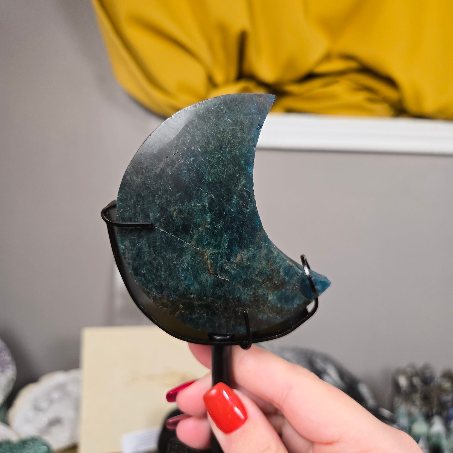 Blue Apatite Moon carving with stand