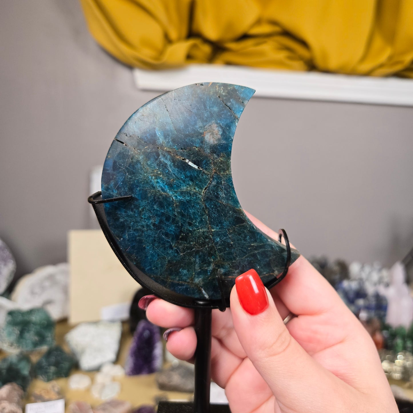Blue Apatite Moon carving with stand
