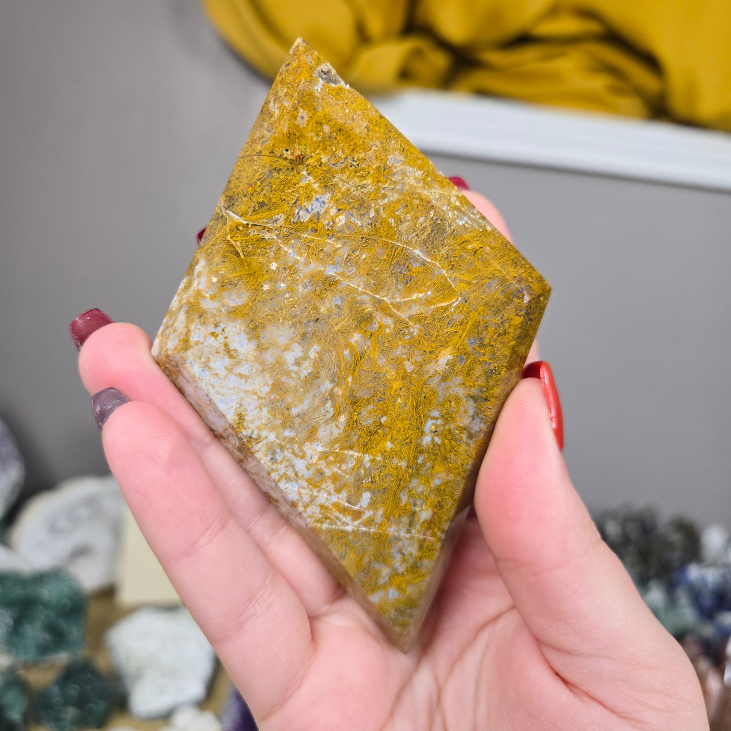 Scenic Moss Agate diamond carving with stand