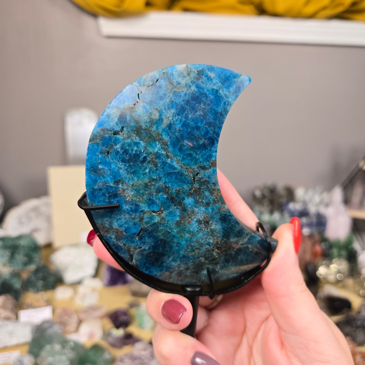 Blue Apatite Moon carving with stand