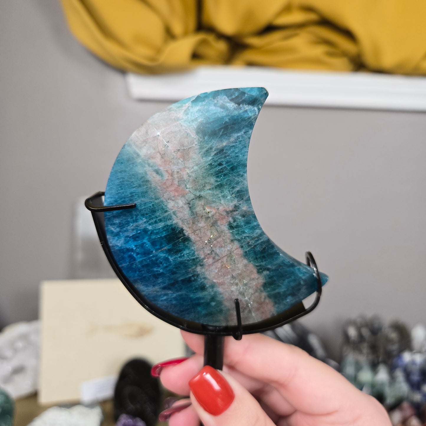 Blue Apatite Moon carving with stand