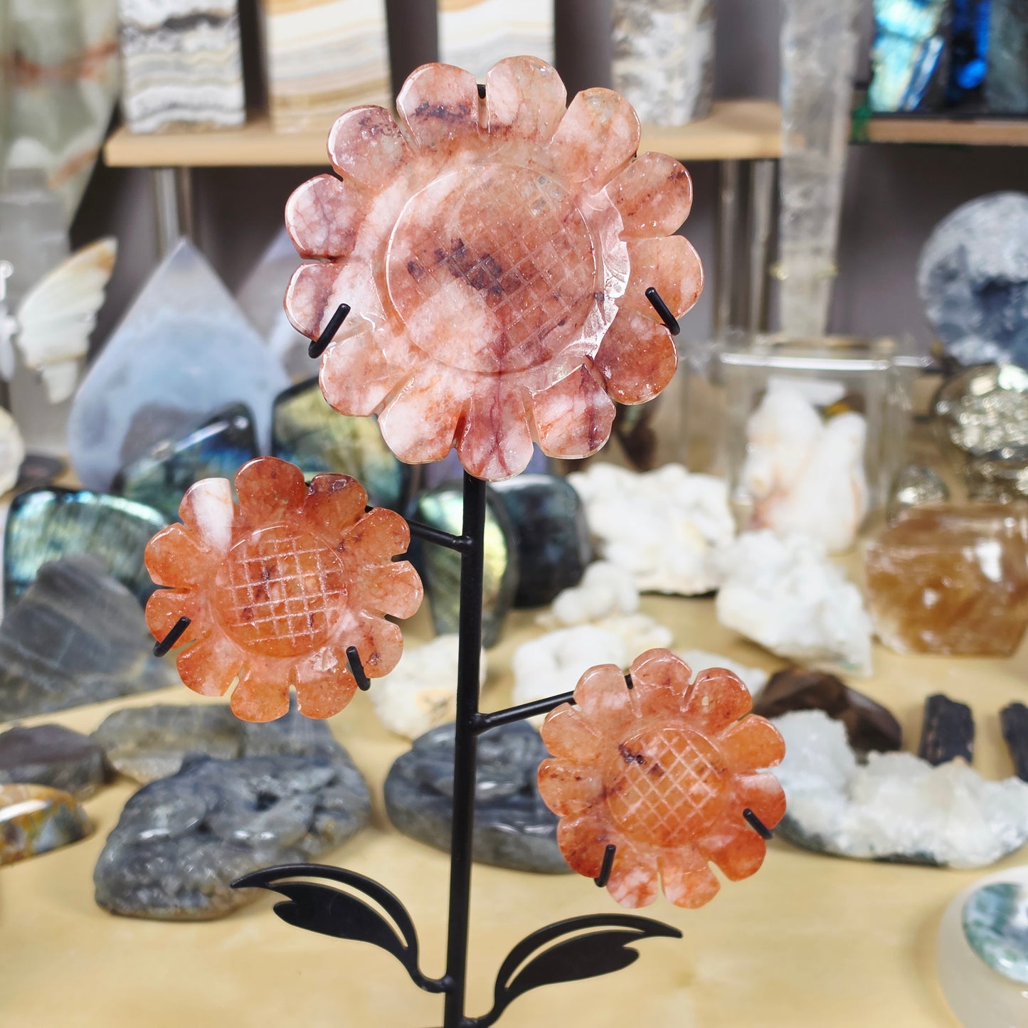 Fire Quartz triple Flowers on stand