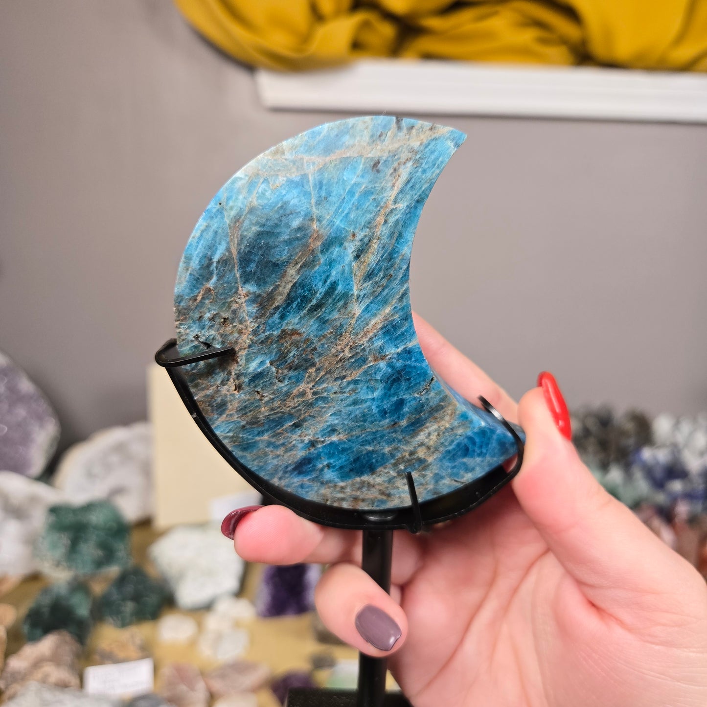 Blue Apatite Moon carving with stand