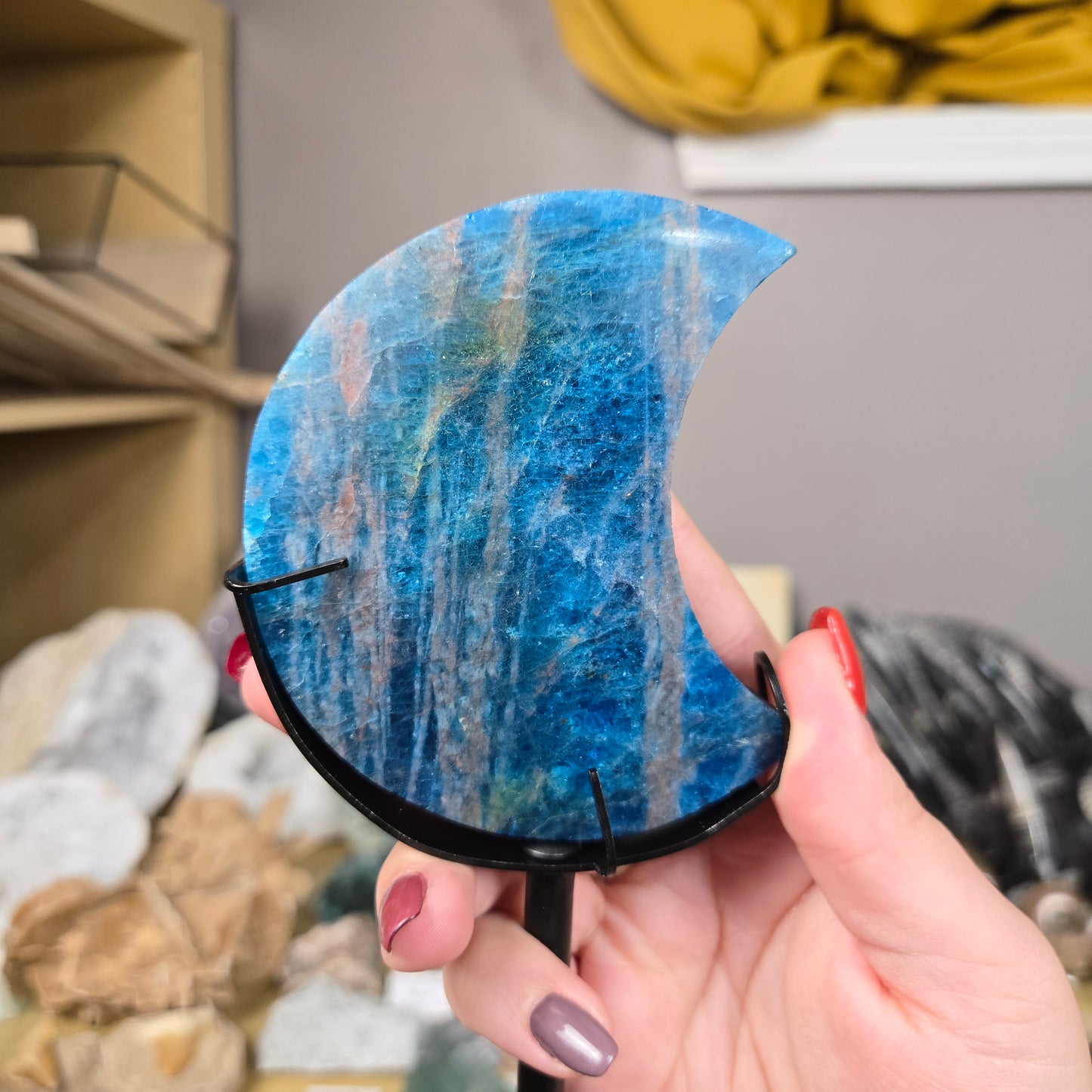 Blue Apatite Moon carving with stand