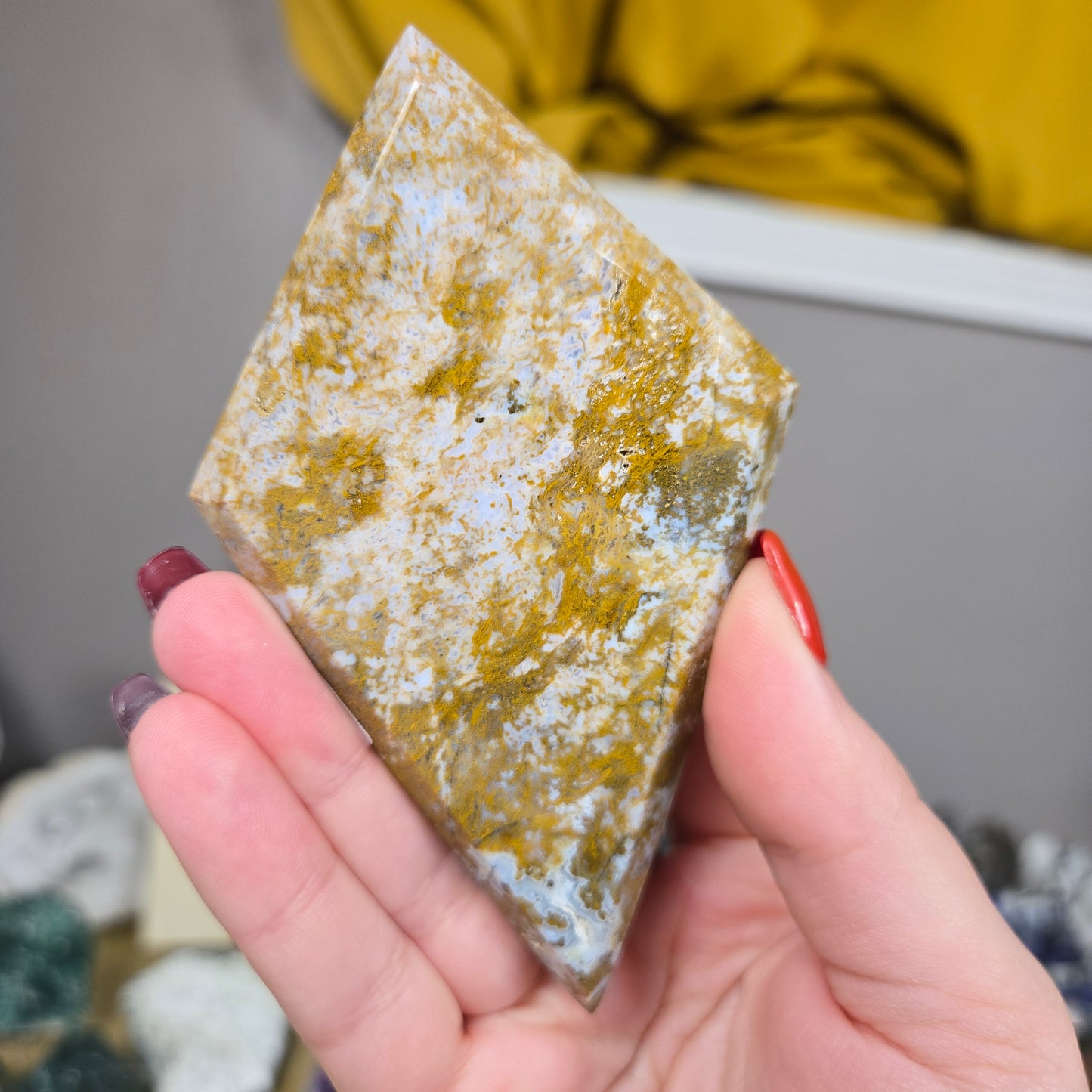 Scenic Moss Agate diamond carving with stand