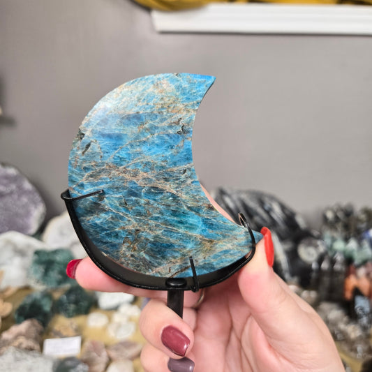 Discounted Blue Apatite Moon carving with stand