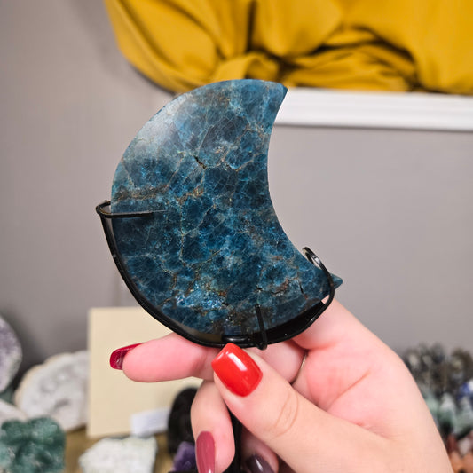 Blue Apatite Moon carving with stand