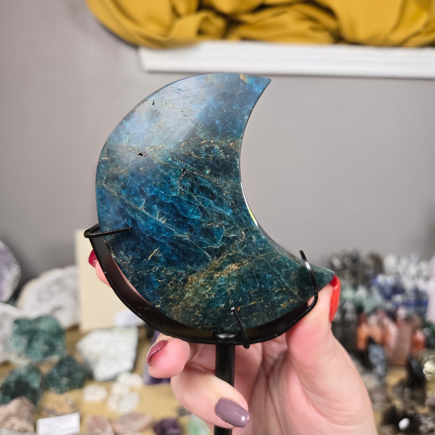 Blue Apatite Moon carving with stand