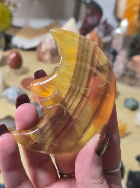 Yellow Fluorite moon carving with stand