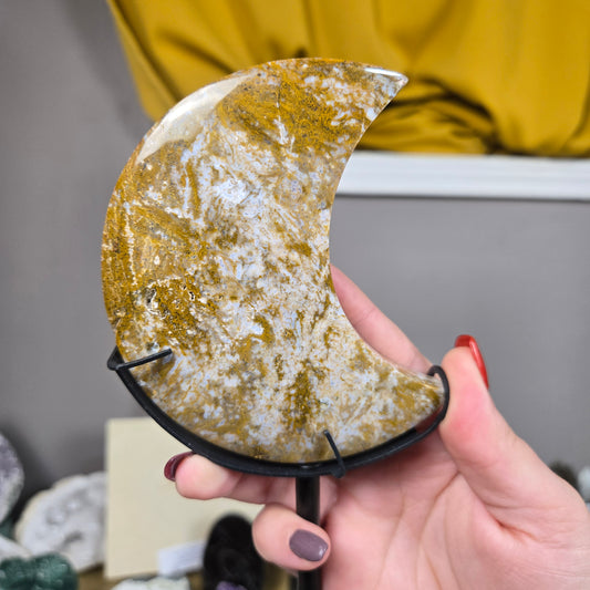 Scenic Moss Agate moon carving with stand