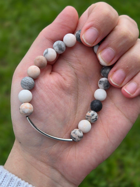 Pink Zebra Jasper bracelet 8 mm with silver rod