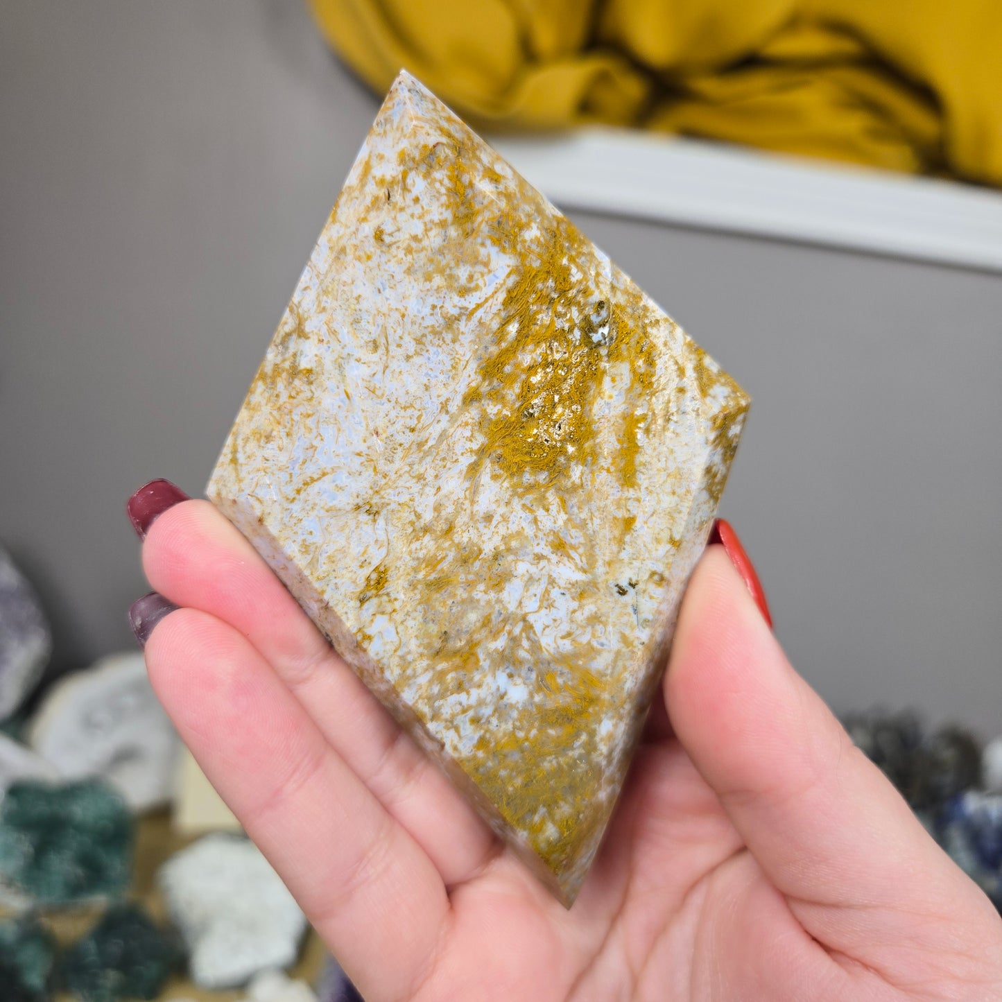 Scenic Moss Agate diamond carving with stand