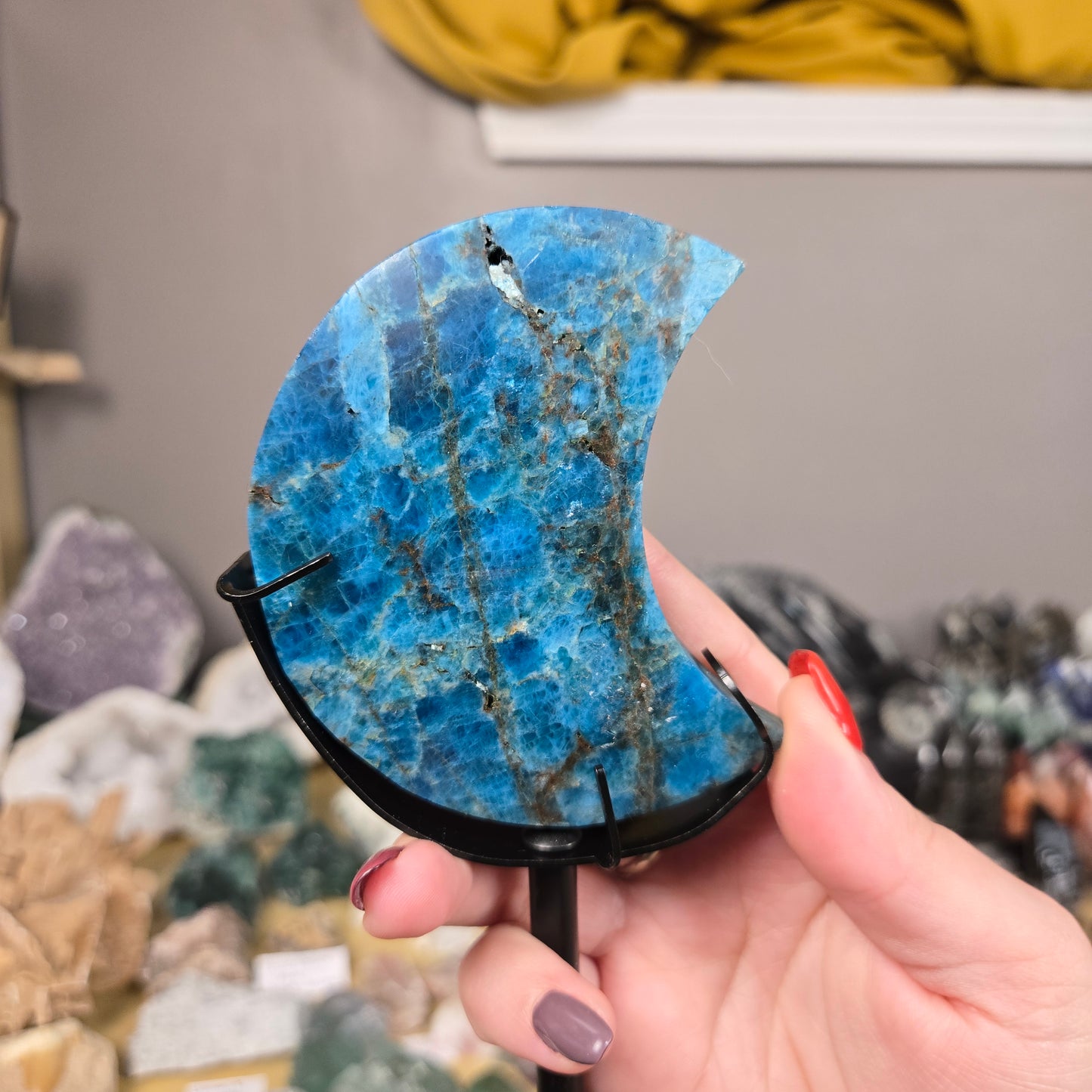 Blue Apatite Moon carving with stand