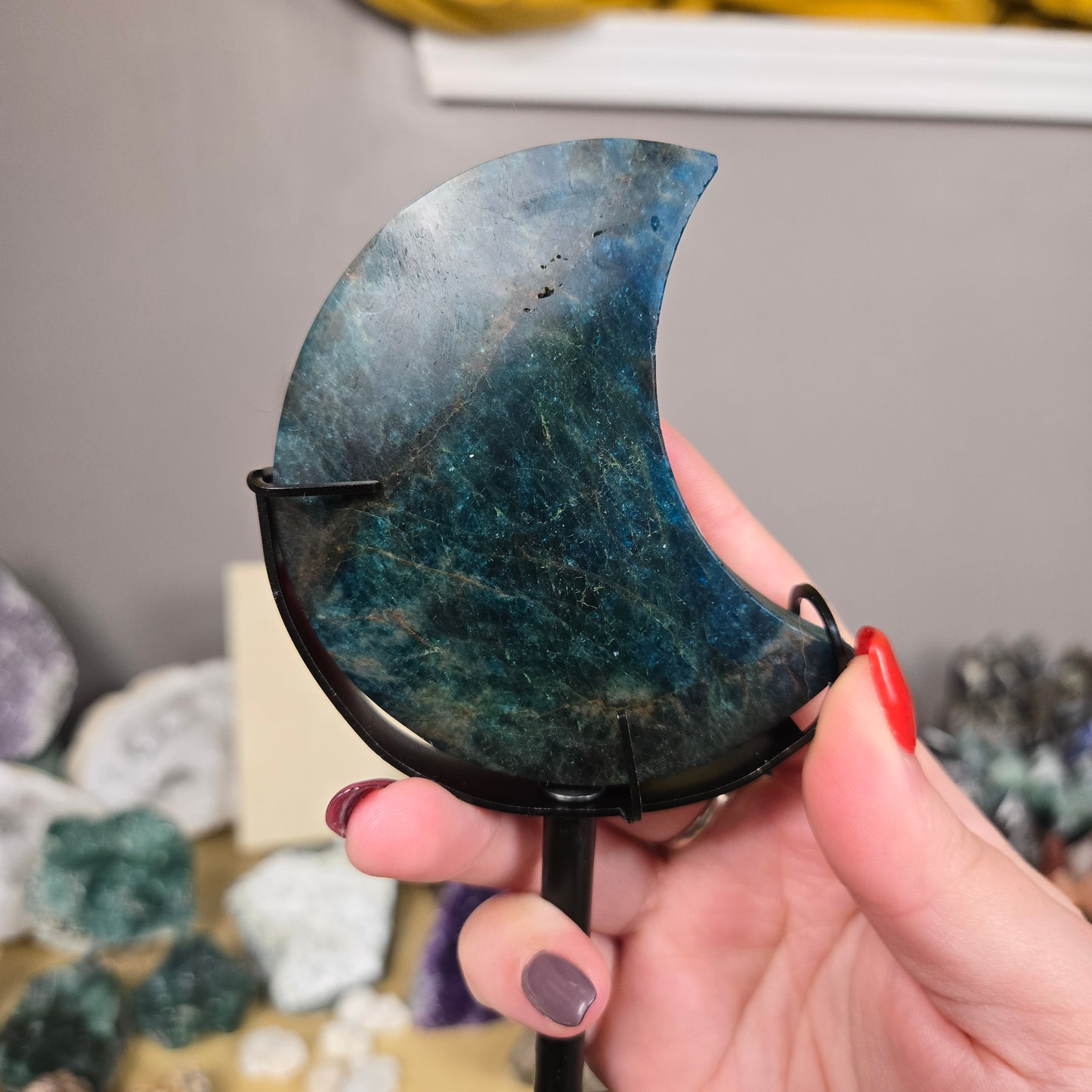 Blue Apatite Moon carving with stand